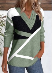 Geometric Print Patchwork Sage Green Long Sleeve T Shirt
