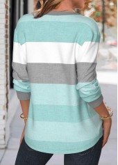 Striped Patchwork Mint Green Long Sleeve Split Neck Sweatshirt