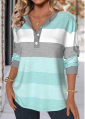 Striped Patchwork Mint Green Long Sleeve Split Neck Sweatshirt