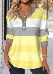 Striped Patchwork Light Yellow Long Sleeve Split Neck Sweatshirt