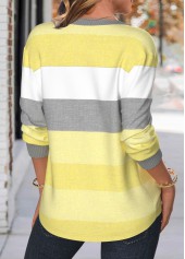 Striped Patchwork Light Yellow Long Sleeve Split Neck Sweatshirt