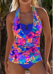 Floral Print Lace Up Purplish Blue Tankini Set