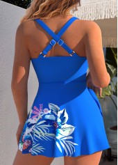 Tropical Plants Print Surplice Royal Blue One Piece Swimdress