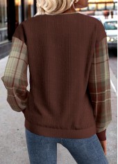 Plaid Button Dark Coffee Long Sleeve Split Neck Sweatshirt