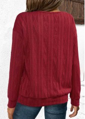 Jacquard Wine Red Long Sleeve V Neck Sweatshirt