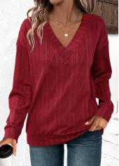 Jacquard Wine Red Long Sleeve V Neck Sweatshirt