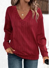 Jacquard Wine Red Long Sleeve V Neck Sweatshirt