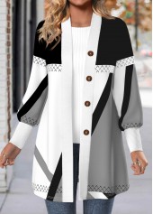 Geometric Print Button Light Grey Long Sleeve Coat