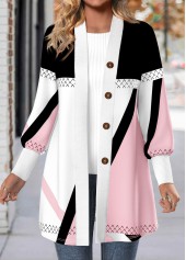 Geometric Print Button Light Pink Long Sleeve Coat