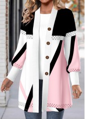 Geometric Print Button Light Pink Long Sleeve Coat