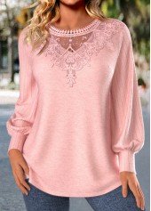 Embroidery Light Pink Long Sleeve Round Neck T Shirt