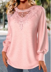 Embroidery Light Pink Long Sleeve Round Neck T Shirt