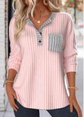 Button Light Pink Long Sleeve Split Neck Sweatshirt
