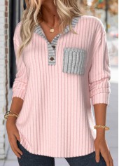 Button Light Pink Long Sleeve Split Neck Sweatshirt