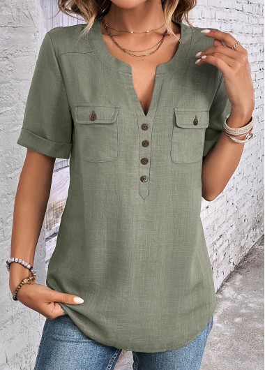 Sage Green Split Neck Short Sleeve Button Blouse