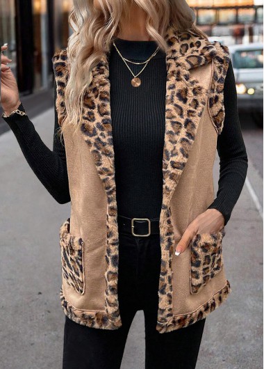 Leopard Patchwork Light Coffee Sleeveless Turn Down Collar Waistcoat