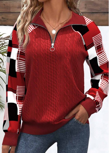 Plaid Patchwork Red Long Sleeve Turn Down Collar Sweatshirt