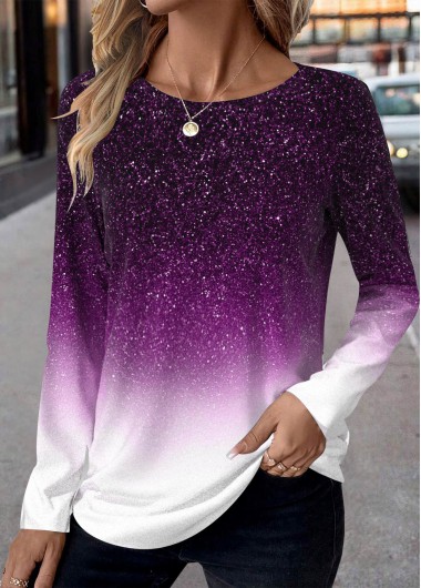 Ombre Patchwork Purple Long Sleeve Round Neck T Shirt