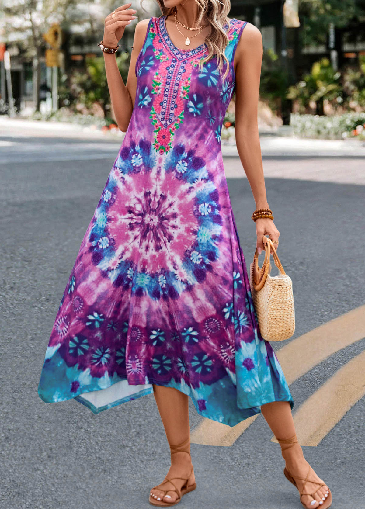 Tie Dye Print Handkerchief Hem Purple Dress