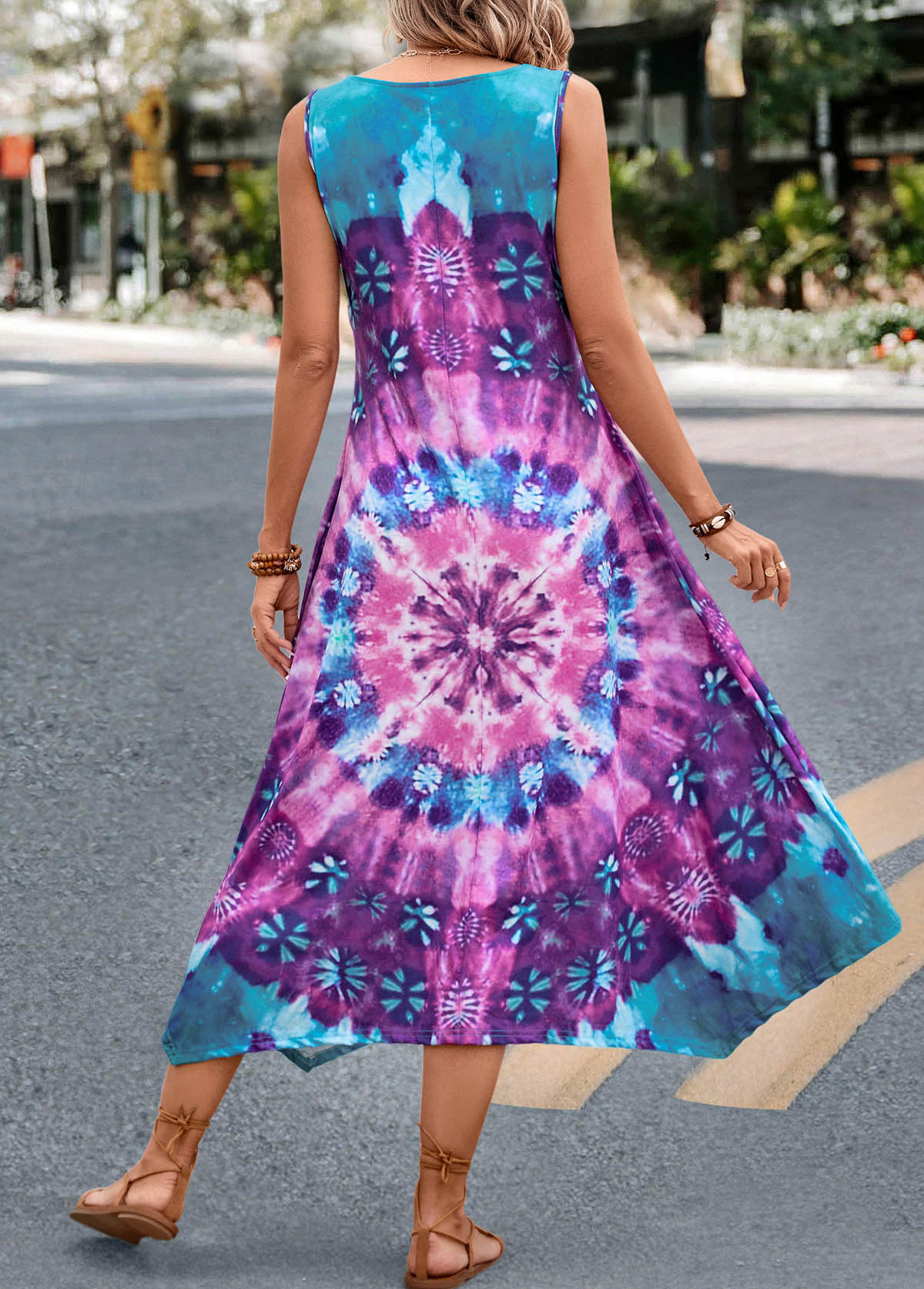 Tie Dye Print Handkerchief Hem Purple Dress