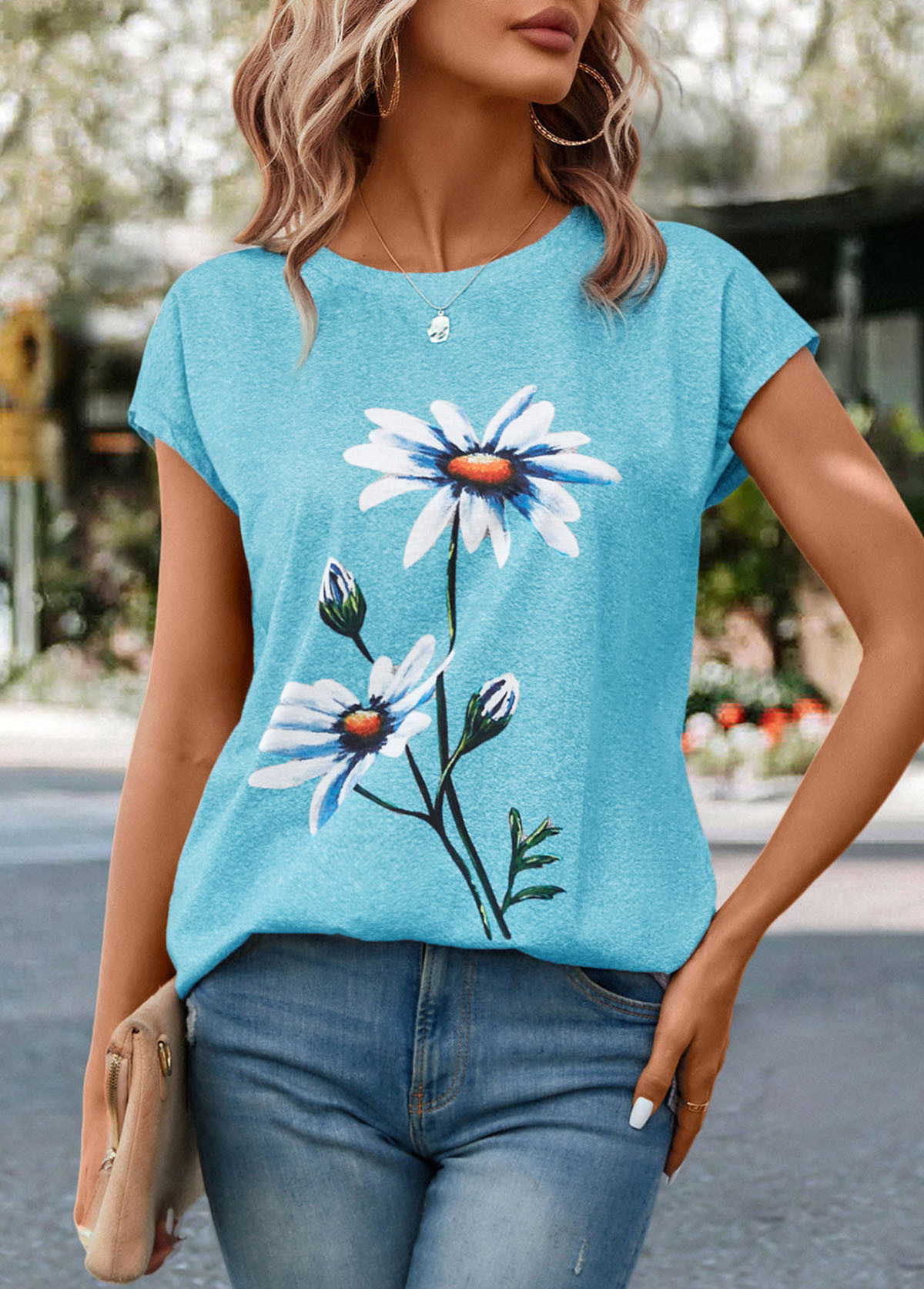 Round Neck Floral Print Sky Blue T Shirt