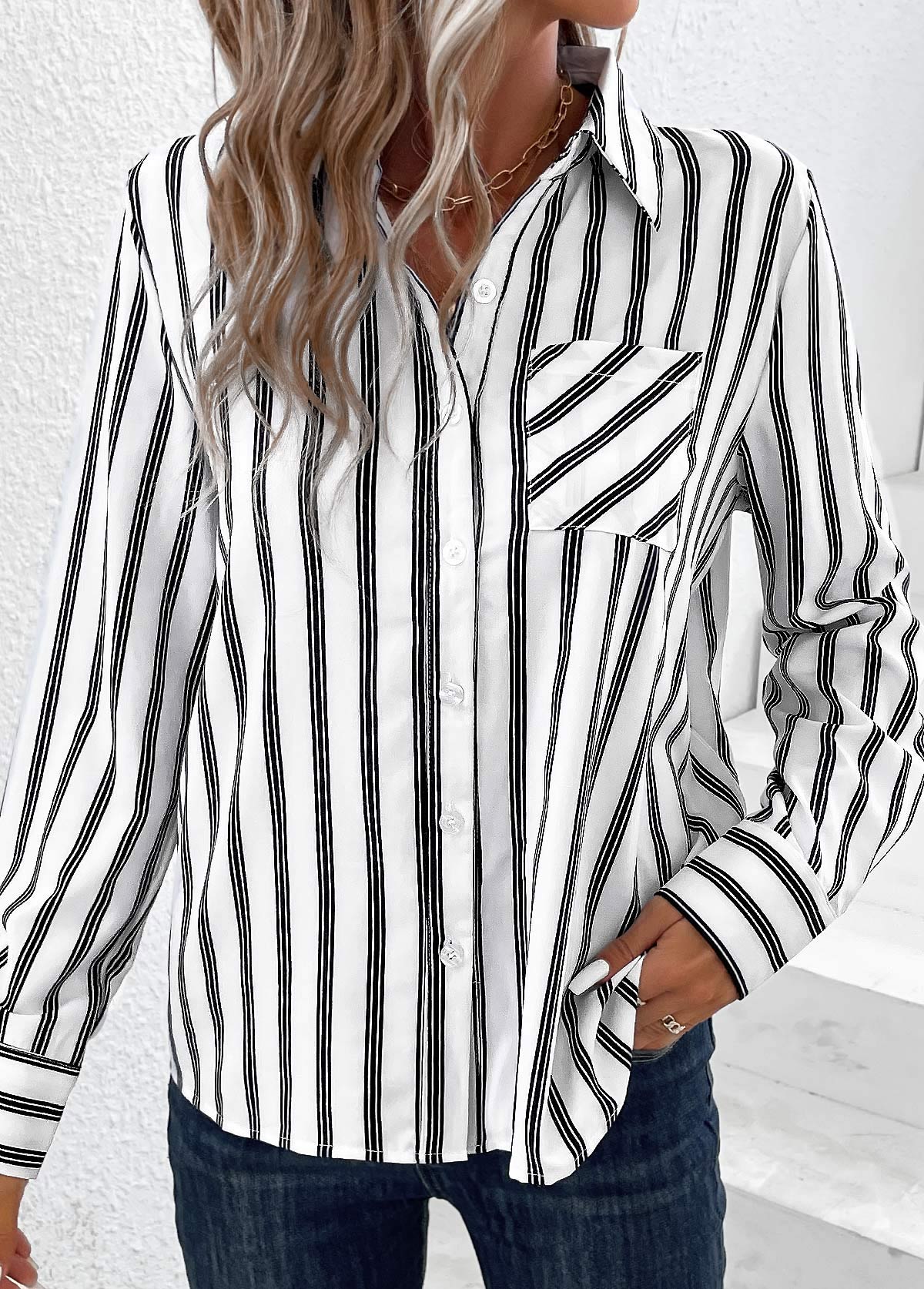 Striped Pocket White Shirt Collar Long Sleeve Blouse