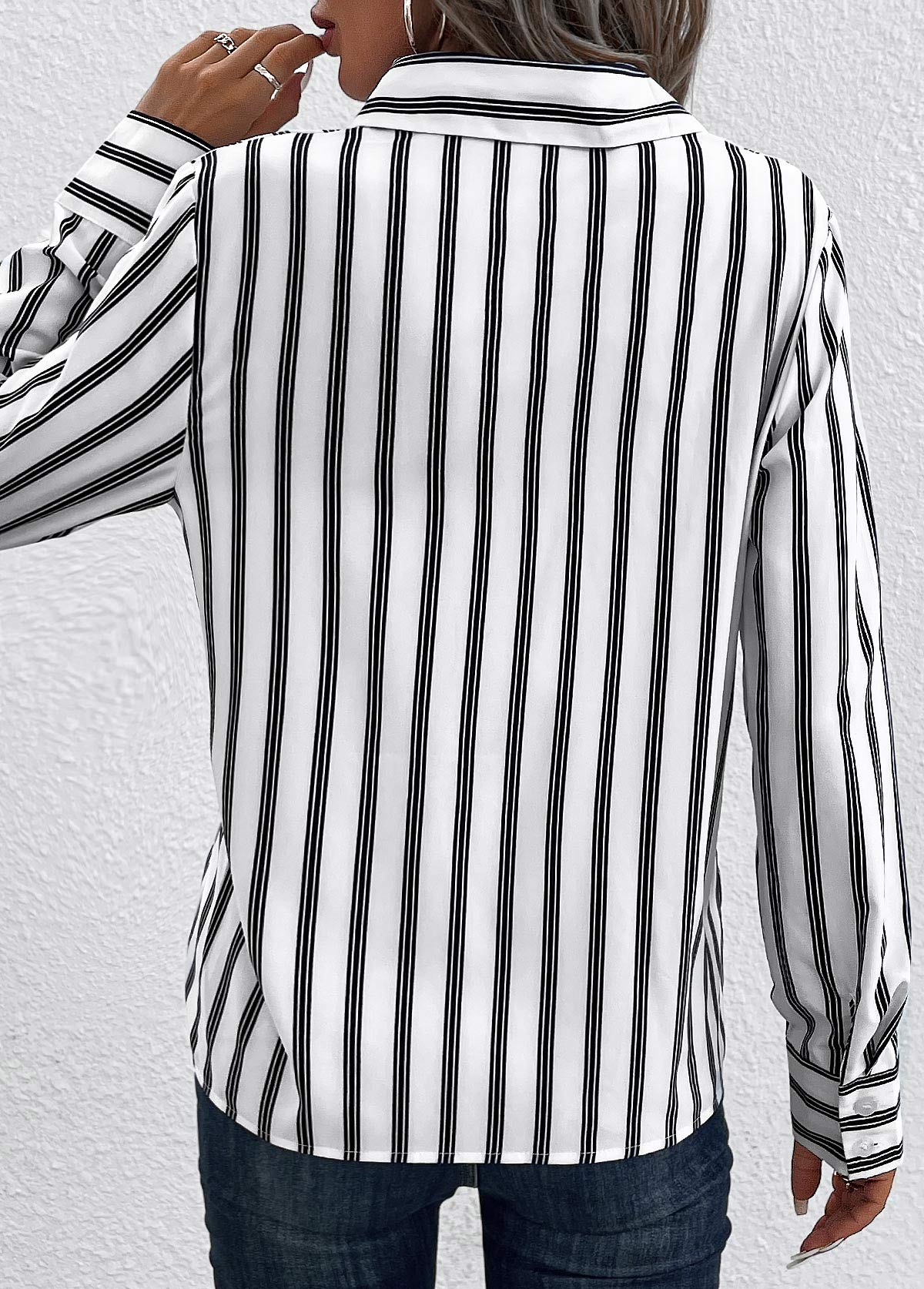 Striped Pocket White Shirt Collar Long Sleeve Blouse