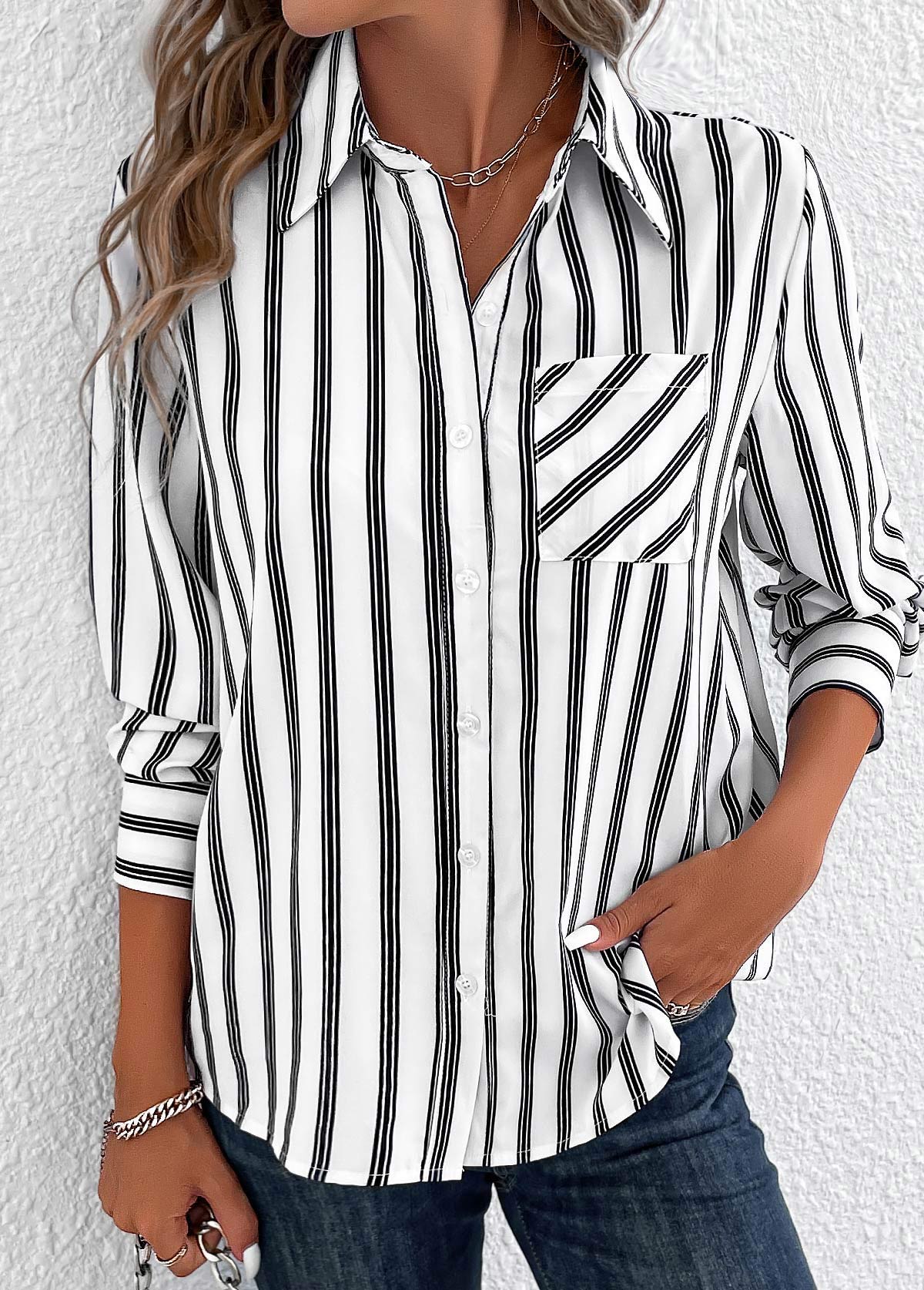 Striped Pocket White Shirt Collar Long Sleeve Blouse