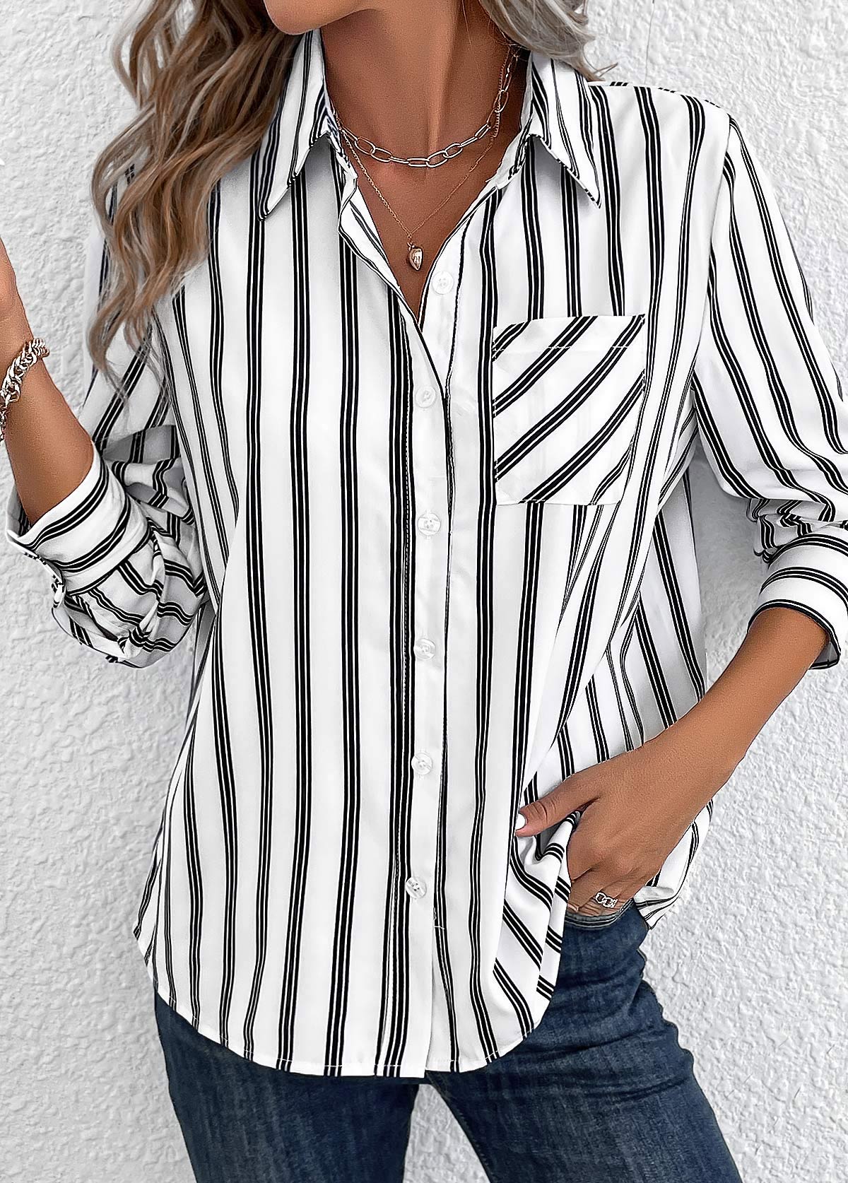Striped Pocket White Shirt Collar Long Sleeve Blouse