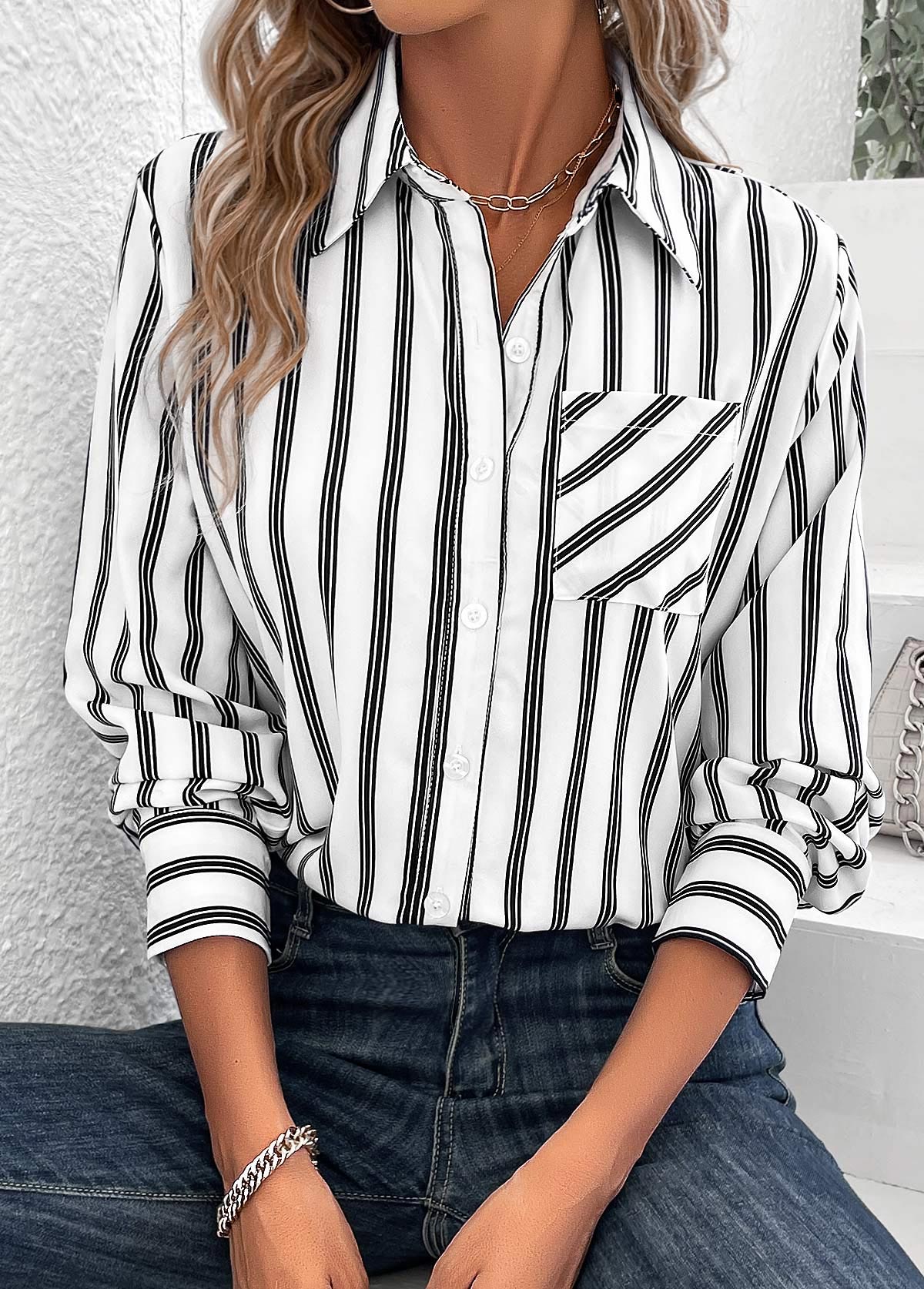 Striped Pocket White Shirt Collar Long Sleeve Blouse