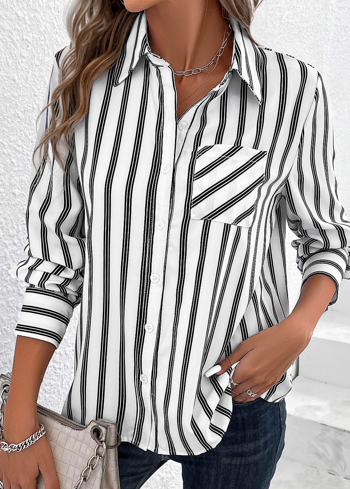 Striped Pocket White Shirt Collar Long Sleeve Blouse