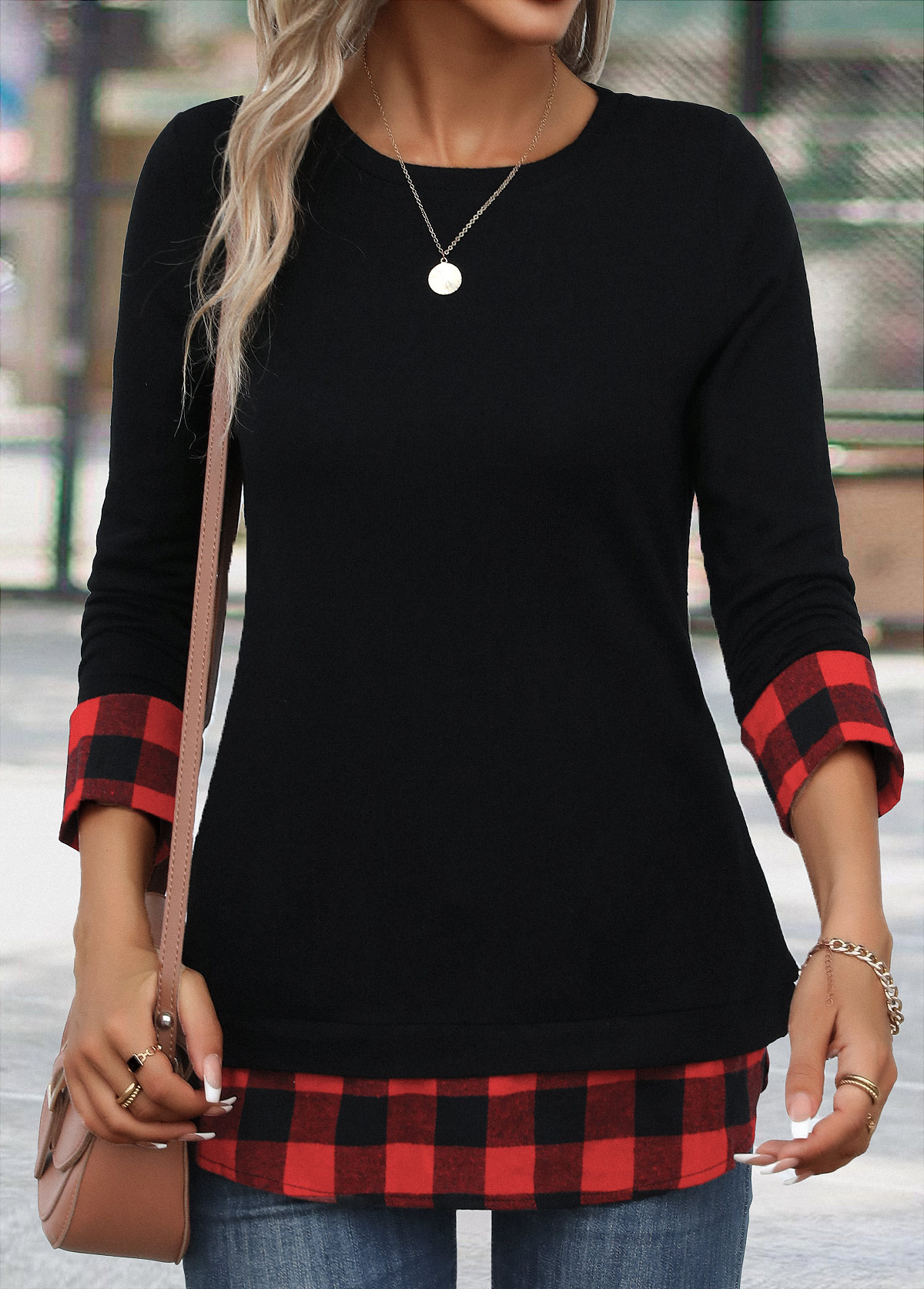 Plaid Patchwork Red Long Sleeve Round Neck T Shirt