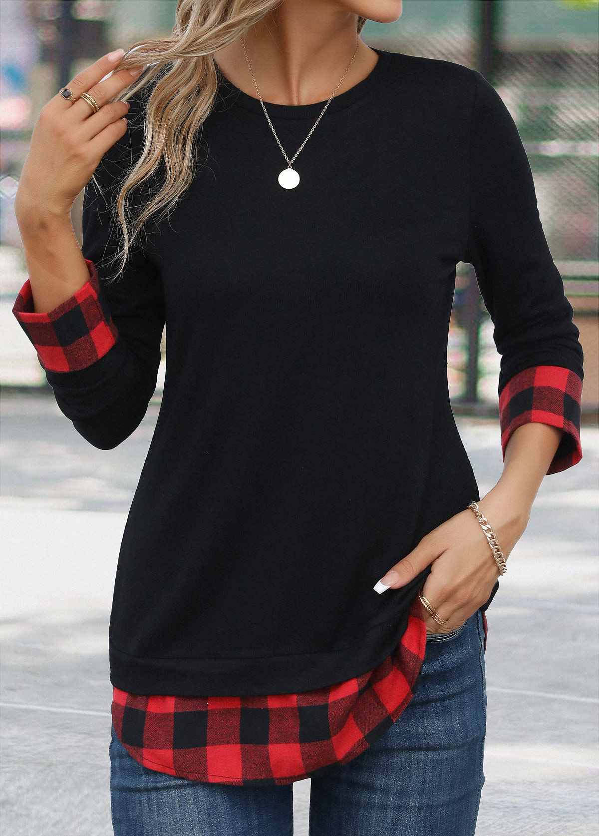Plaid Patchwork Red Long Sleeve Round Neck T Shirt