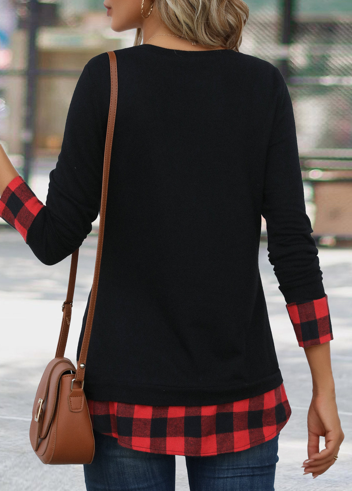 Plaid Patchwork Red Long Sleeve Round Neck T Shirt