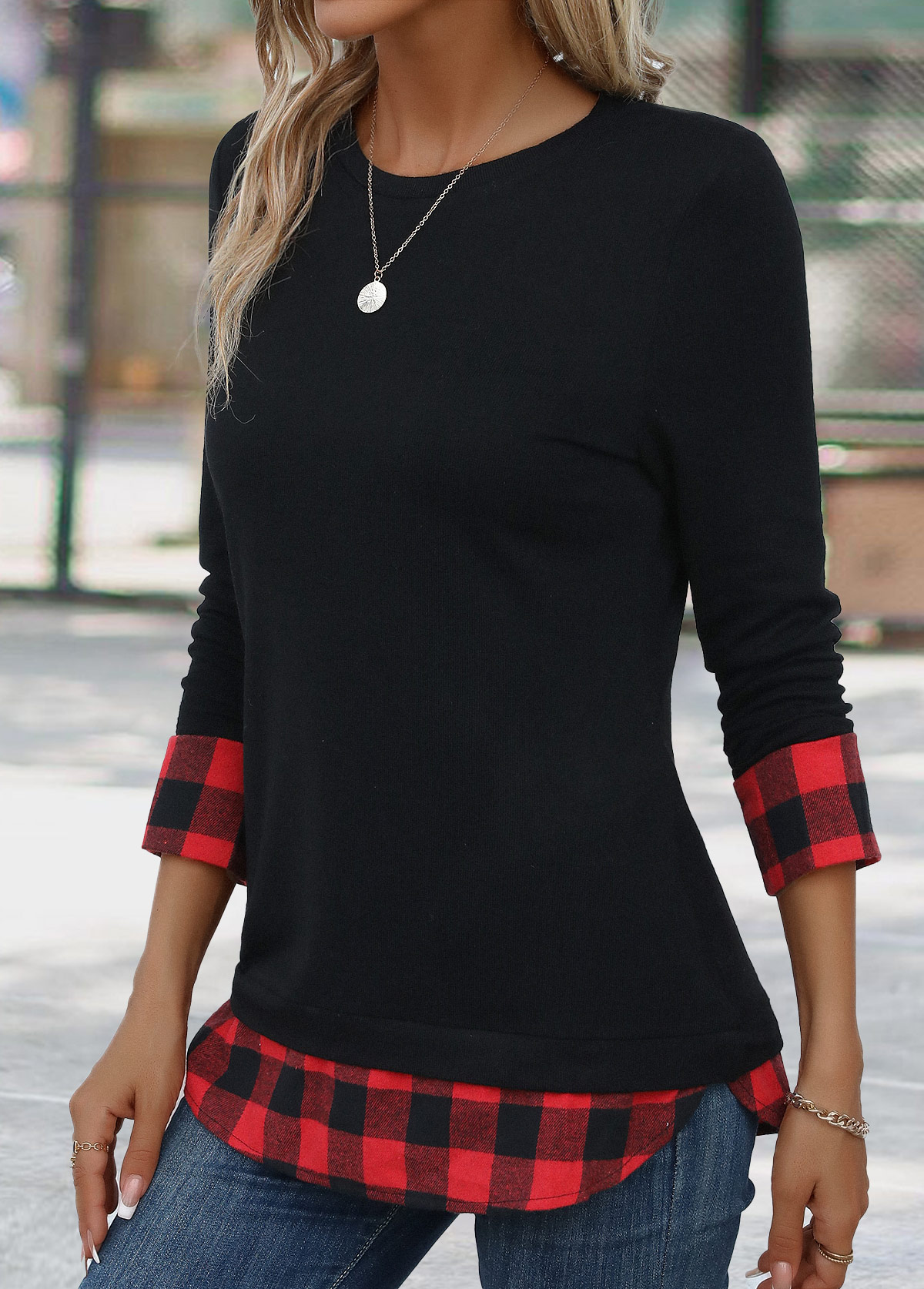 Plaid Patchwork Red Long Sleeve Round Neck T Shirt