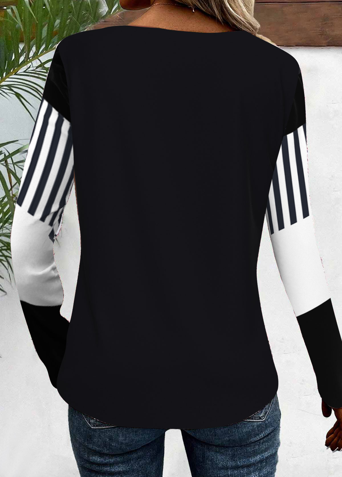 Geometric Print Button Black Long Sleeve T Shirt