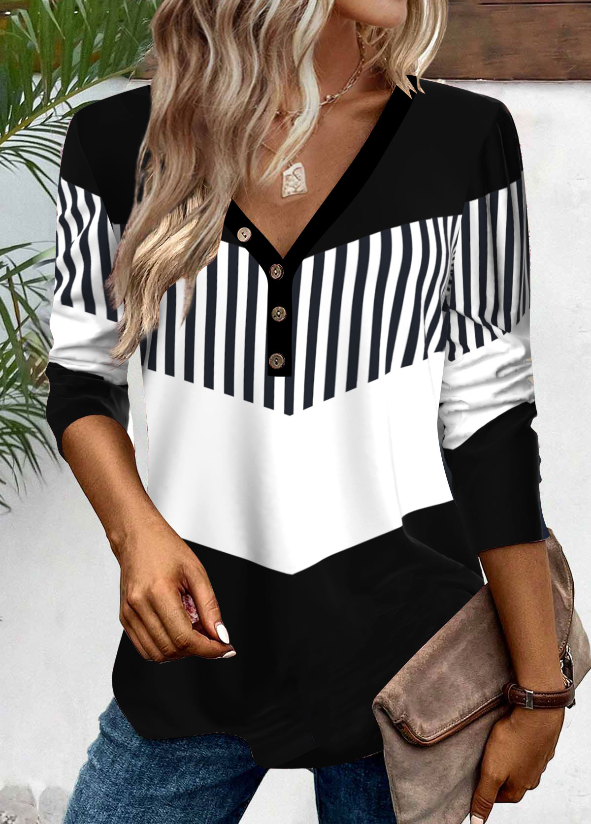 Geometric Print Button Black Long Sleeve T Shirt
