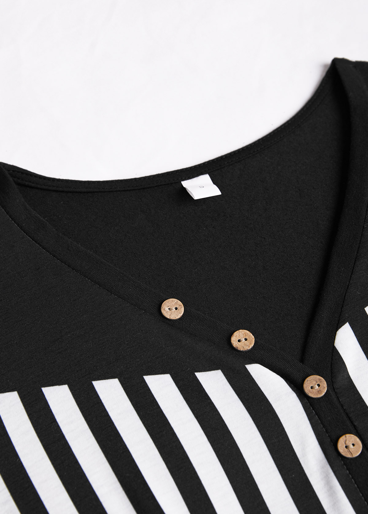 Geometric Print Button Black Long Sleeve T Shirt