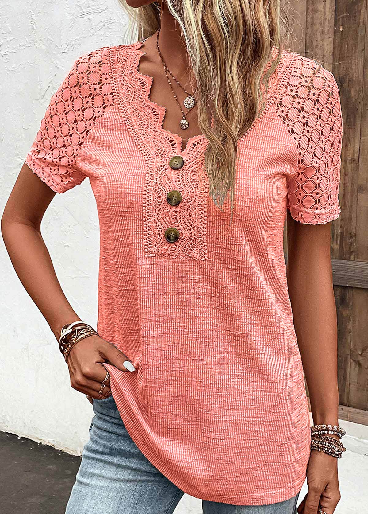 Lace Orange Short Sleeve V Neck T Shirt