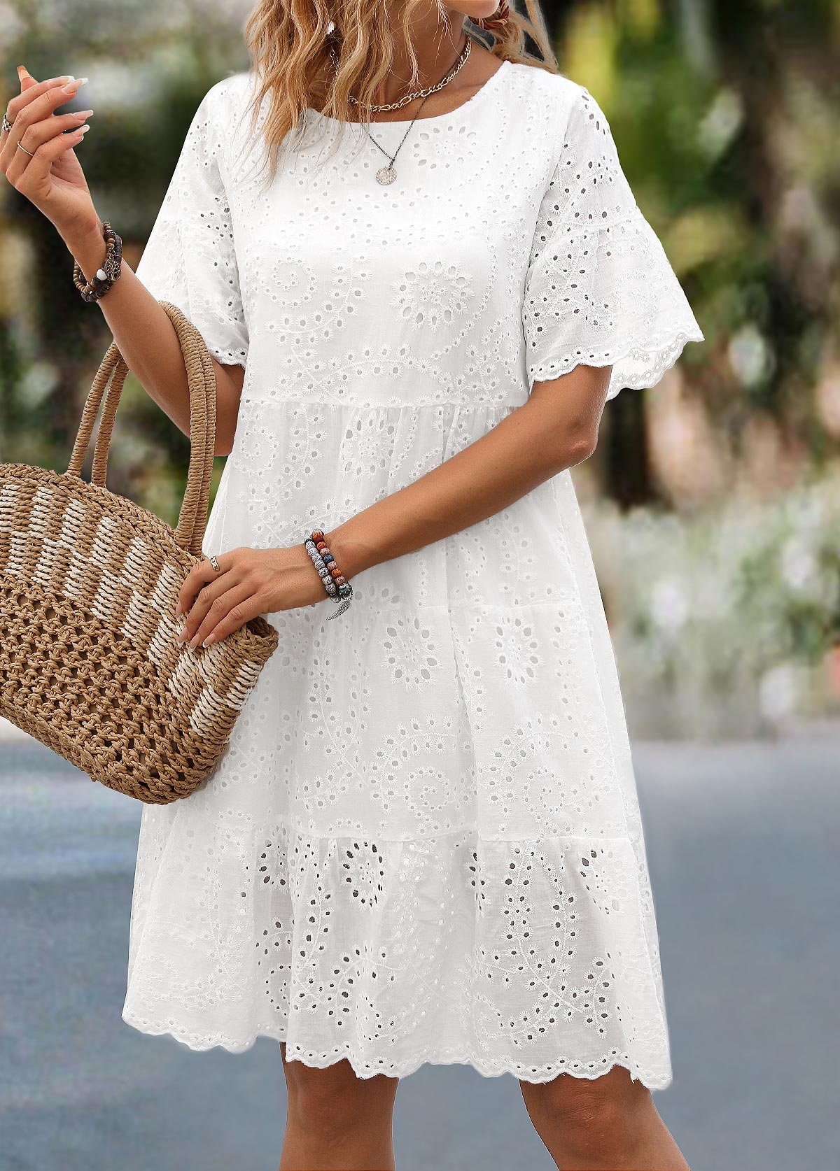 Ruched White Short Sleeve Round Neck Dress