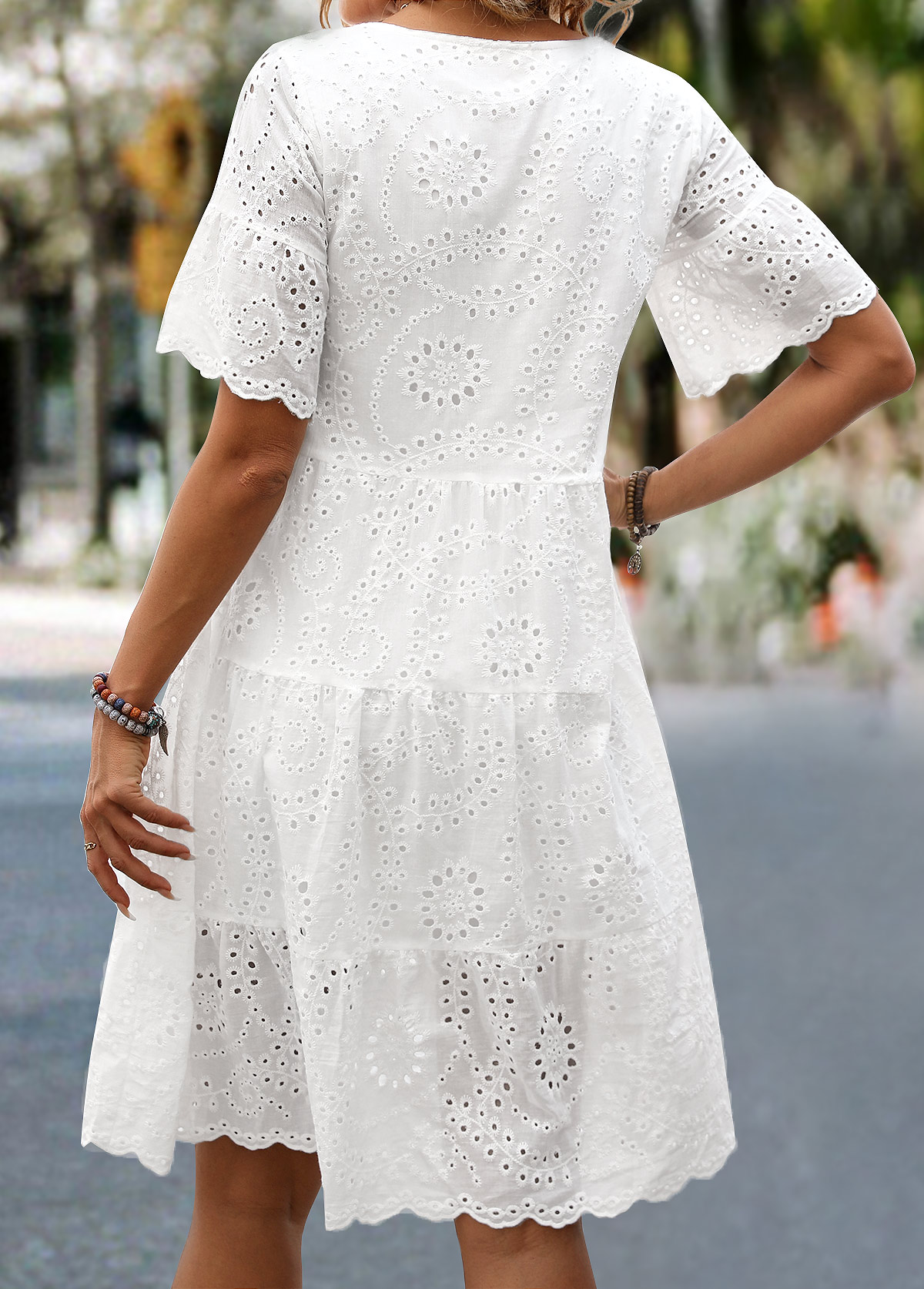 Ruched White Short Sleeve Round Neck Dress