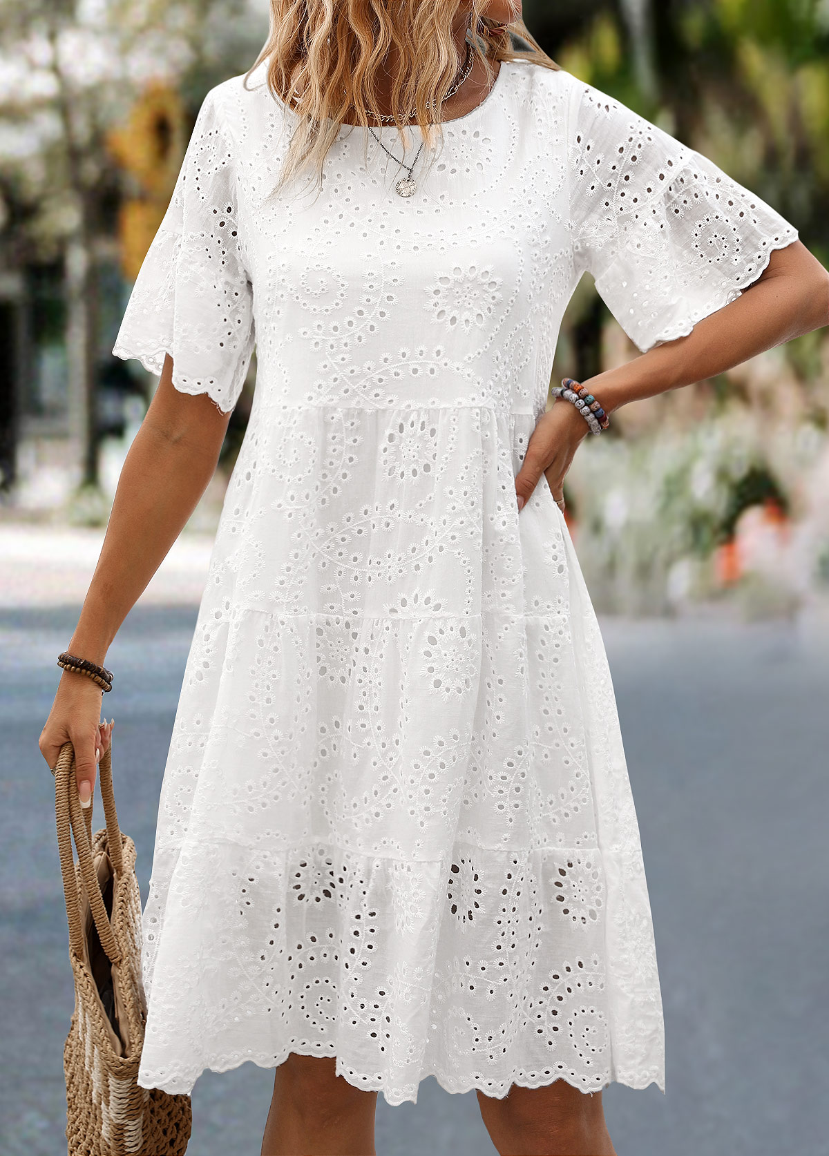 Ruched White Short Sleeve Round Neck Dress