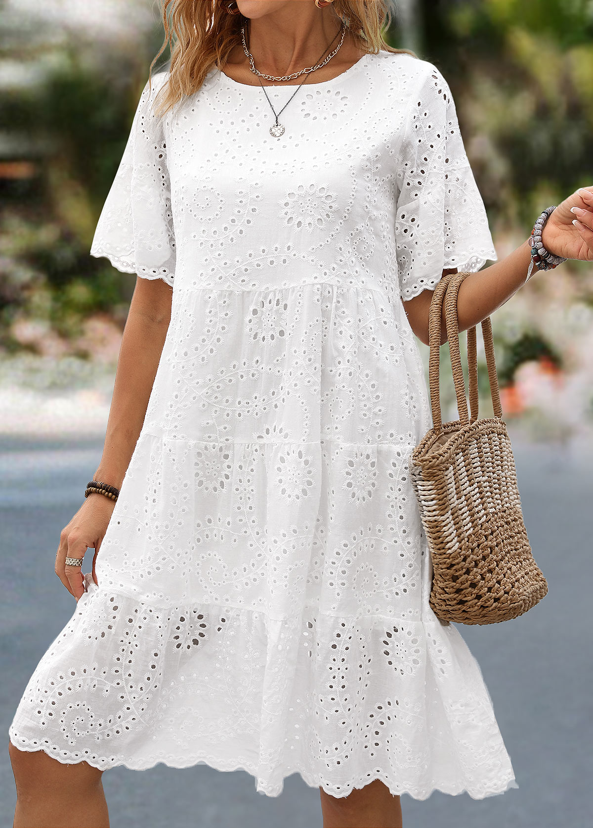 Ruched White Short Sleeve Round Neck Dress
