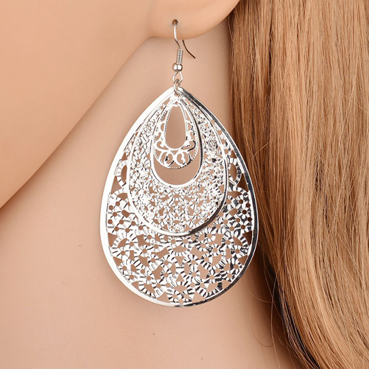 Teardrop Geometric Silvery White Metal Earrings