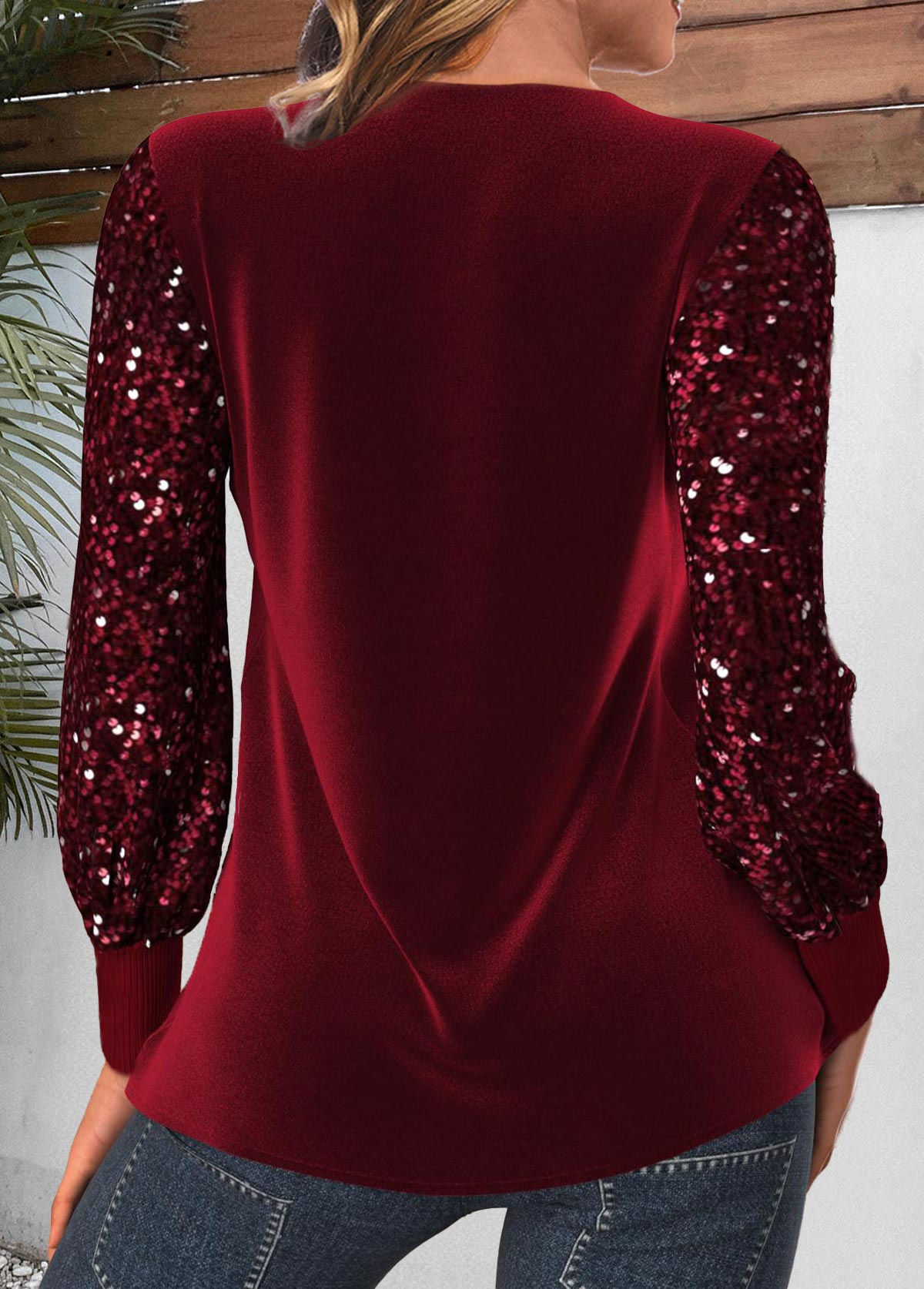 Velvet Wine Red Long Sleeve V Neck T Shirt