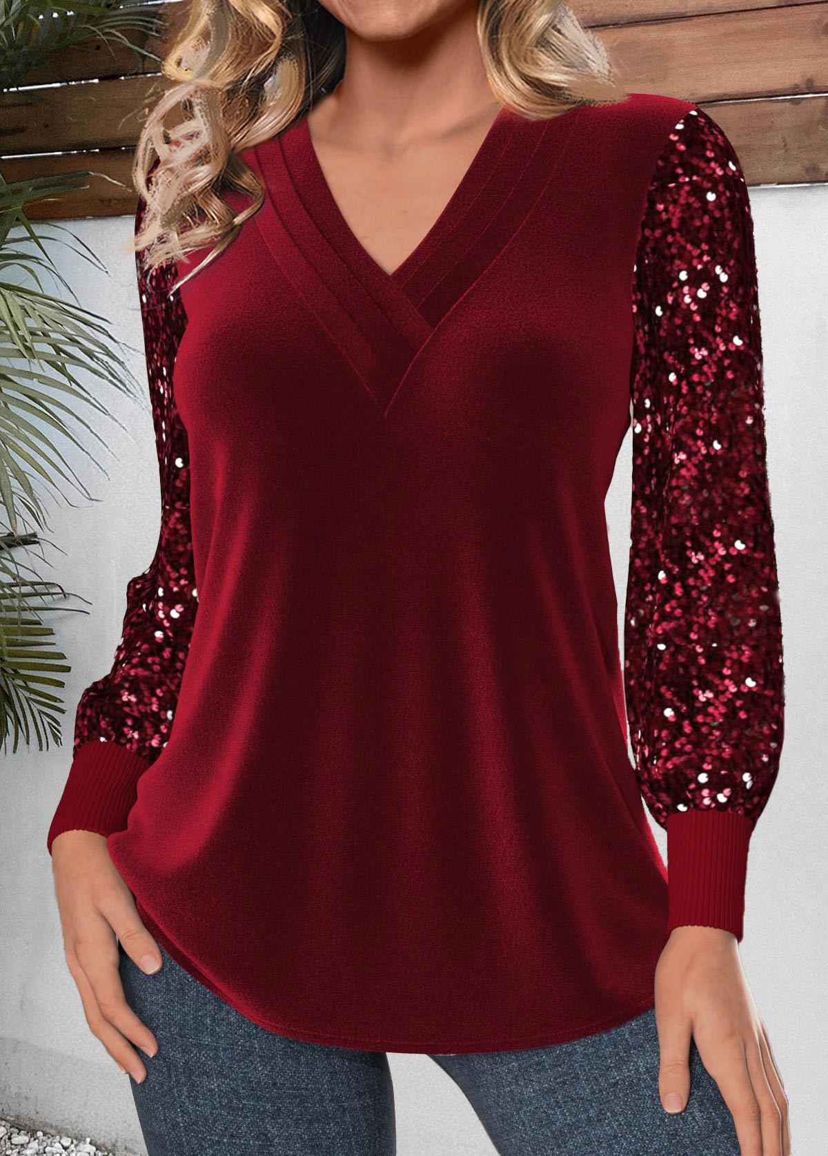 Velvet Wine Red Long Sleeve V Neck T Shirt