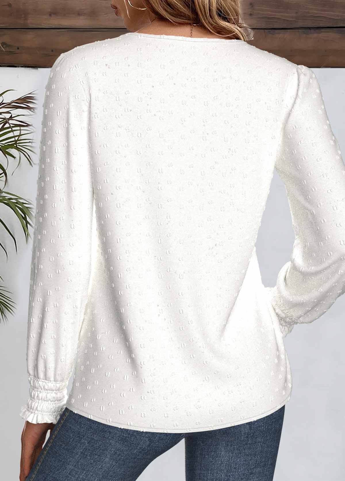 Embroidery White Long Sleeve Round Neck Blouse