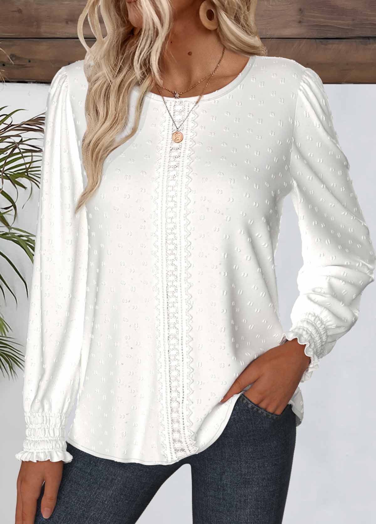 Embroidery White Long Sleeve Round Neck Blouse