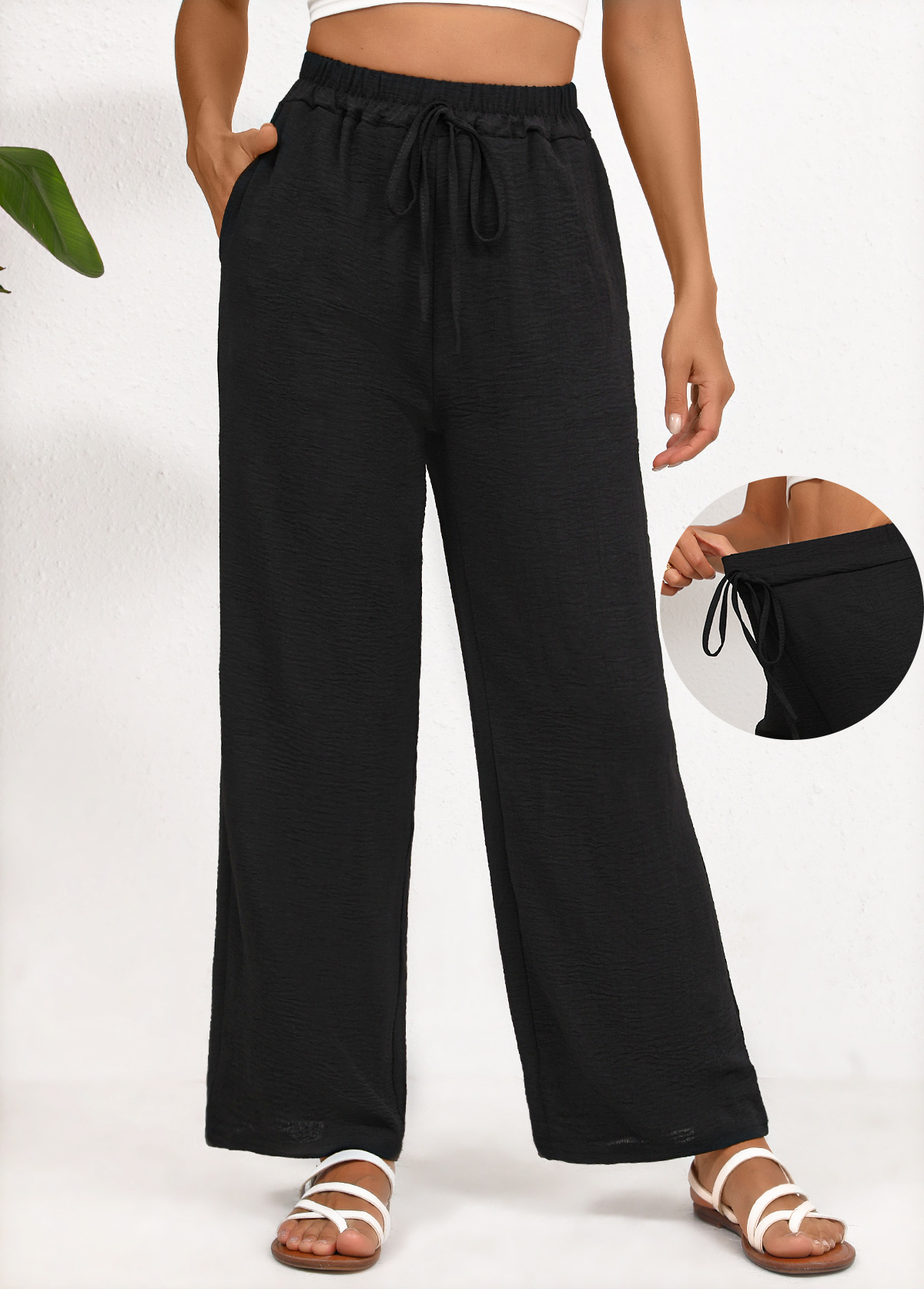 Black Wide Leg Elastic Waist High Waisted Pants