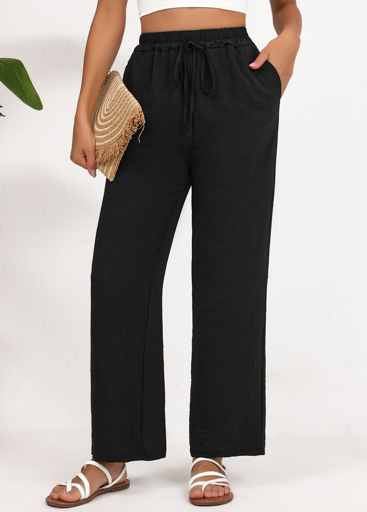 Black Wide Leg Elastic Waist High Waisted Pants